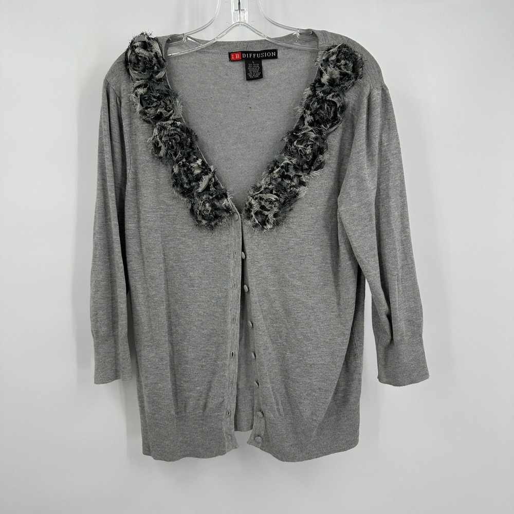 IB‎ Diffusion Women Romantic Textured Cardigan Size L Ruffle Trim Soft Feminine